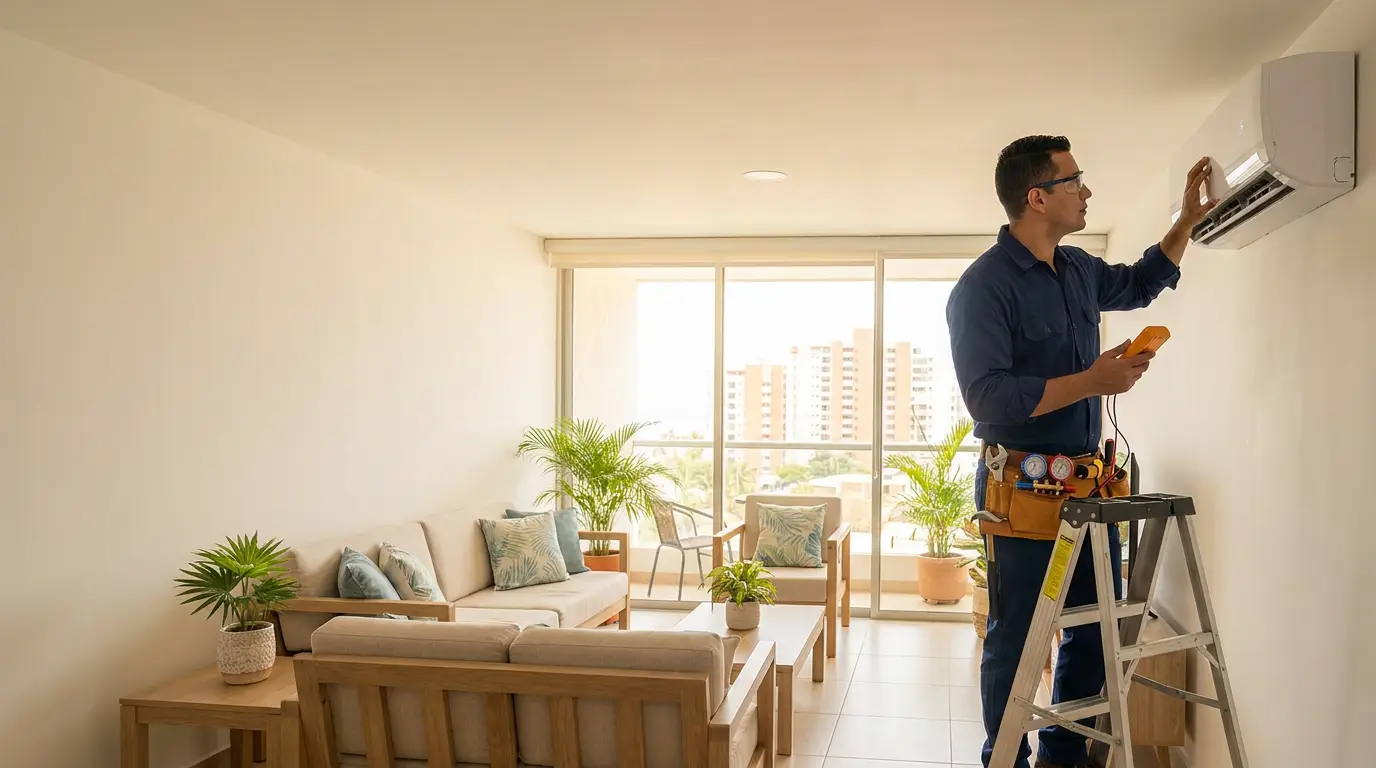 Técnico ilustrativo haciendo mantenimiento a un aire acondicionado en una vivienda